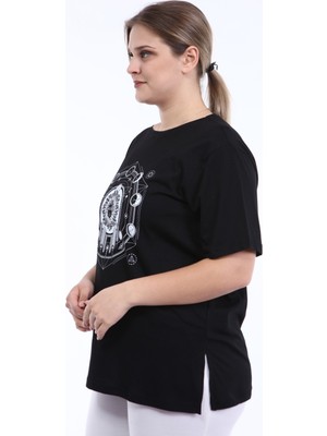 Piano Luce  Kadın Büyük Beden Baskılı Yarım Kol T-Shirt Siyah PLWM21TS010