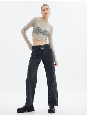 Koton Crop Tül Bluz Çiçek Desenli Uzun Kollu Dik Yaka