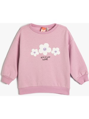 Koton Sweatshirt Uzun Kollu Bisiklet Yaka Çiçek Baskılı Şardonlu Pamuklu