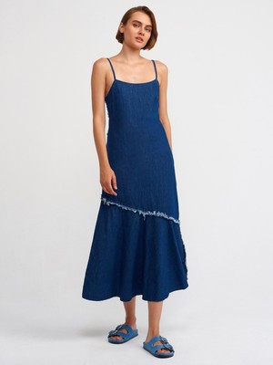Dilvin 90526 Askılı Koyu Renk Denim Elbise-Lacivert