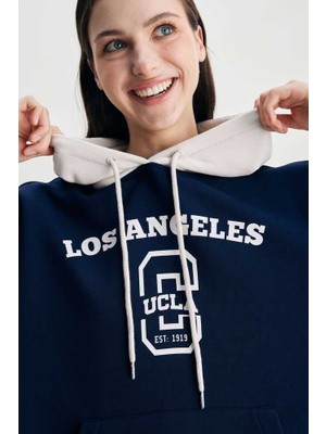 Ucla Shannon Lacivert Kapüşonlu Baskılı Oversize  Kadın Sweatshirt