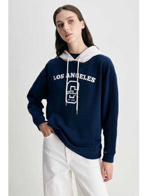 Ucla Shannon Lacivert Kapüşonlu Baskılı Oversize  Kadın Sweatshirt