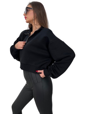 Sinhan Fermuar Crop Sweatshirt Siyah