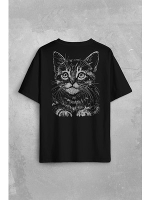 Kendim Seçtim Siyah Kedi Black Cat Silüet Çizim Sırt Ön Baskılı Oversize Tişört T-Shirt