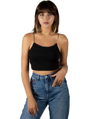 Terapi Men Kadın Siyah İp Askılı Crop Top Büstiyer Bluz Atlet 23K-TRP-CRP01