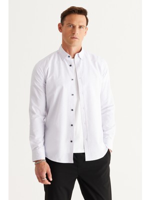 Altınyıldız Classics Erkek Beyaz-Siyah Slim Fit Dar Kesim Gizli Düğme Yaka Pamuklu Baskılı Gömlek