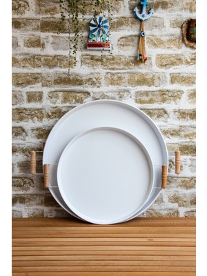 Kitchen Trend 2'li Ahşap Kulplu 45 cm Metal Tepsi ve 37 cm Beyaz Tepsi Çay Kahve Sunum Tepsisi