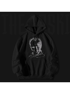 The Baski Unisex Siyah Atatürk Silüet Baskılı Kanguru Cepli Sweatshirt