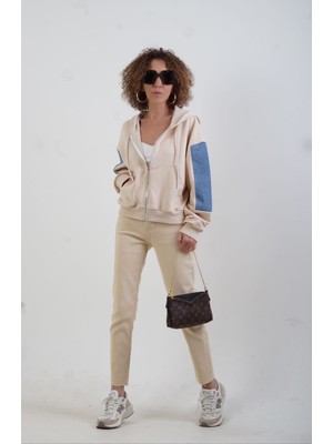 Zelish My Sister Bej Denim Detaylı Kapüşonlu Fermuarlı Sweat