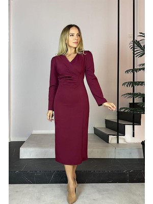 Ges Moda G0749 V Yaka Drape Detaylı Kalem Elbise Bordo