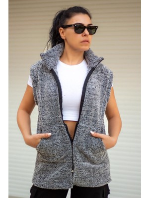 Azıcık Akıllı Kadın Gri Peluş Welsoft Kalın Fermuarlı Hakim Yaka Yelek 23KYLKMY10