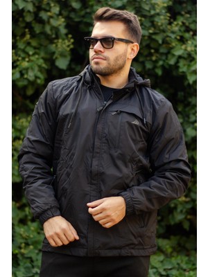 Azıcık Akıllı Erkek Siyah Suya Dayanıklı Rüzgar Geçirmez Çıkarılabilir Kapüşonlu Balıkçı Motorcu Mont 23EMNTR860