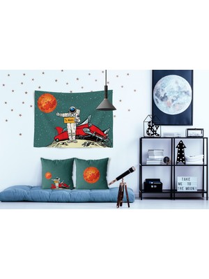 Jwk Home Go To Mars Yeşil Duvar Örtüsü Ve Çift Taraflı Kırlent Takım (2'Li) - 100 x 140