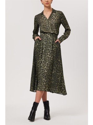 Greno Kadın Haki Leopar Baskılı Midi Boy Cepli Etek