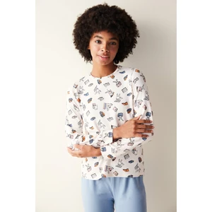 Kitap Desenli Termal Tişört Pembe Pijama Üstü