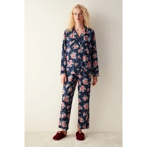 Concept Çiçek Desenli Gömlek Pantolon Lacivert Pijama Takımı