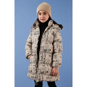 Yakası Suni Kürklü Yazı Baskılı Çıkarılabilir Kapüşonlu Peluş Astarlı Kışlık Mont Kız Çocuk Mont 5761984