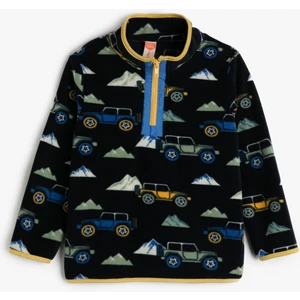 Sweatshirt Dik Yaka Yarım  Fermuarlı Uzun Kollu Baskı Detaylı Şardonlu