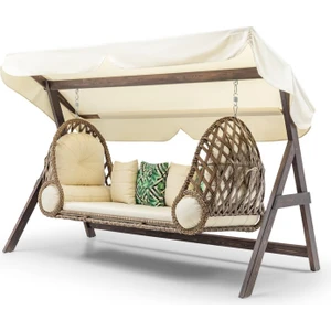 Swing Saltanat Ahşap Rattan Salıncak Dış Mekan Bahçe Balkon ve Teras Salıncağı Krem