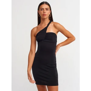 90720 Büzgü Detaylı Mini Elbise-Siyah