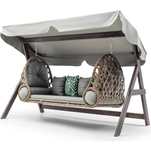 Swing Saltanat Ahşap Rattan Salıncak Dış Mekan Bahçe Balkon ve Teras Salıncağı Gri