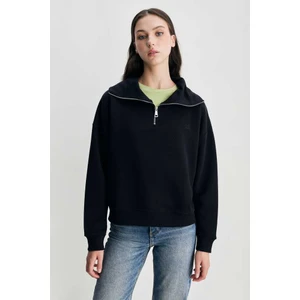 Inez Siyah Fermuarlı Nakışlı Loose Fit Kadın Sweatshirt