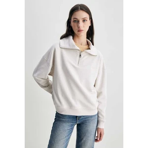 Inez Bej Fermuarlı Nakışlı Loose Fit Kadın Sweatshirt