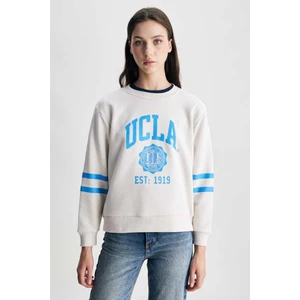 Roısın Bej Bisiklet Yaka Baskılı Loose Fit Kadın Sweatshirt