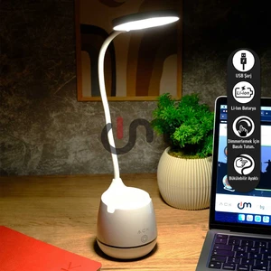 Şarjlı LED Masa Lambası, Işık Şiddeti Ayarlanabilir, Kalemlik ve Telefon Standlı Okuma Lambası