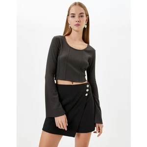 Crop Bluz Korse Detaylı Uzun Kollu U Yaka Ribanalı