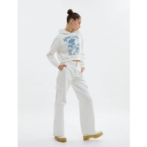 Crop Kapşonlu Sweatshirt Şardonlu Baskılı Pamuklu