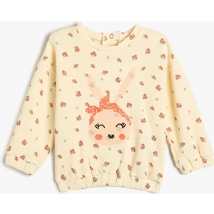 Sweatshirt Tavşan Baskılı Bisiklet Yaka Uzun Kollu Dokulu Pamuklu