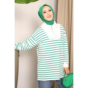 Yeşil Yaka Fermuarlı Çizgili İki İplik Sweatshirt