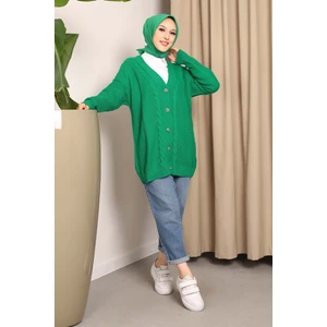 İmaj Butik Yeşil Düğmeli Selanik Örgülü Triko Hırka