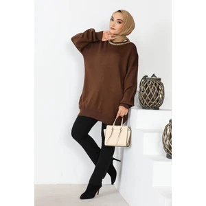 İmaj Butik Kahverengi Balon Kol Yaka Zincirli Triko Tunik