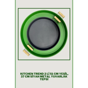 51 cm Yeşil 37 cm Siyah 2 Li Metal Yuvarlak Tepsi Sunum Tepsisi Çay Kahve Tepsisi
