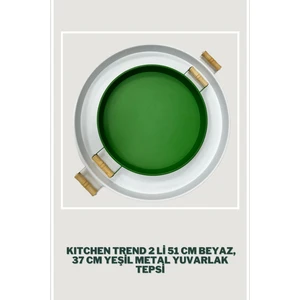 Kitchen Trend 51 cm Beyaz 37 cm Yeşil 2 Li Metal Yuvarlak Tepsi Sunum Tepsisi Çay Kahve Tepsisi