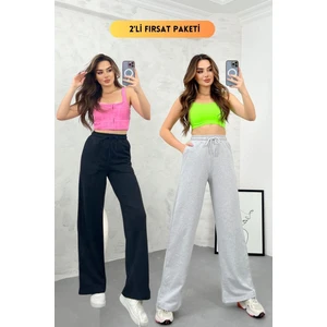 Siyah-Gri Mevsimlik Salaş Geniş Rahat Paça Yandan Cepli Kadın 2'li Eşofman Altı