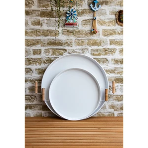 Kitchen Trend 2'li Ahşap Kulplu 45 cm Metal Tepsi ve 37 cm Beyaz Tepsi Çay Kahve Sunum Tepsisi