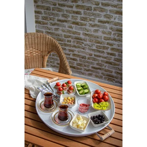Kitchen Trend Metal 45 cm Beyaz Ahşap Kulplu Yuvarlak Tepsi, Kahvaltı Tepsisi, Sunum Tepsisi