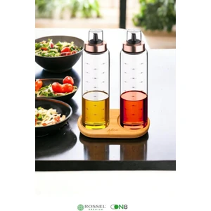 Rossel Premium Bambu Standlı Damlatmaz Borosilikat 2'li Cam Yağlık 500ML Bakır