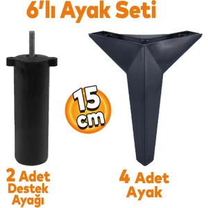 Kale 6'lı Set Mobilya Tv Ünitesi Koltuk Kanepe Destek Ayağı 15 Cm Siyah Baza Ayakları M8 Civatalı