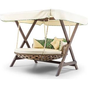 Dominik Swing Ahşap Rattan Salıncak Dış Mekan Bahçe Balkon ve Teras Salıncağı Krem