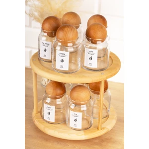 DNS Home 10'lu Ahşap Top Kapaklı Döner Standlı Etiketli Cam Baharatlık Seti Saklama Kavanozu