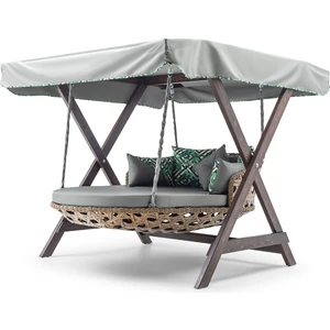 Dominik Swing Ahşap Rattan Salıncak Dış Mekan Bahçe Balkon ve Teras Salıncağı Gri
