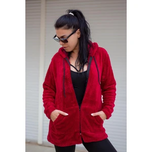 Azıcık Akıllı Kadın Kırmızı Peluş Kalın Fermuarlı Kapüşonlu Cepli Ceket 23KCKTMY50