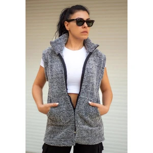 Azıcık Akıllı Kadın Gri Peluş Welsoft Kalın Fermuarlı Hakim Yaka Yelek 23KYLKMY10