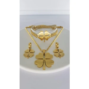 |Gold Rengi 60 cm lik burgu Zincirli Yonca Hediye  Kararmaz Çelik Takı Seti| Sns500410 Küpe Bileklik Kolye