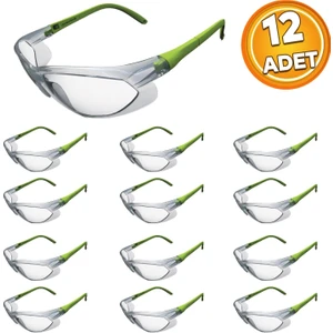 Iş Güvenlik Gözlüğü Kulak Ayarlı Rüzgar Toz Koruyucu Göz Koruma Gözlüğü Şeffaf Yeşil Saplı S900 (12 Adet)