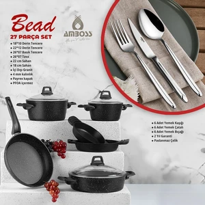 Bead 27 Parça Döküm, Granit Tencere ve Paslanmaz Çelik Çatal Bıçak Kaşık Takımı